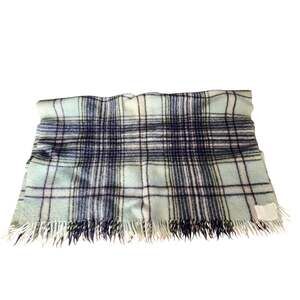 Vintage small light blue and navy plaid wool blanket w/ fringe